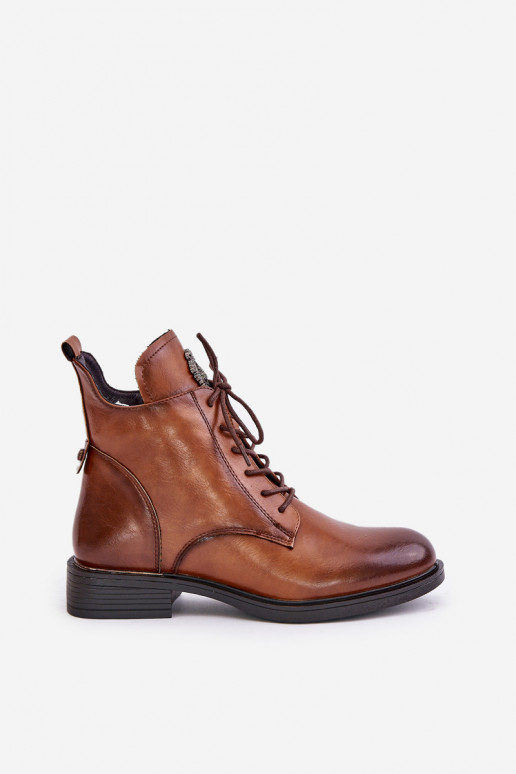 Brown insulated ankle boots with wide ornamented heels Leonise