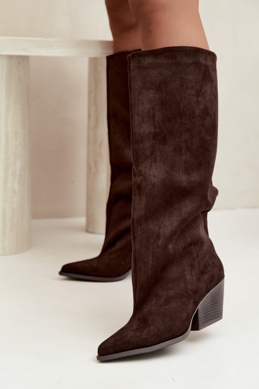 Chocolate slip-on knee-high boots with heels and pointed toes Blenia