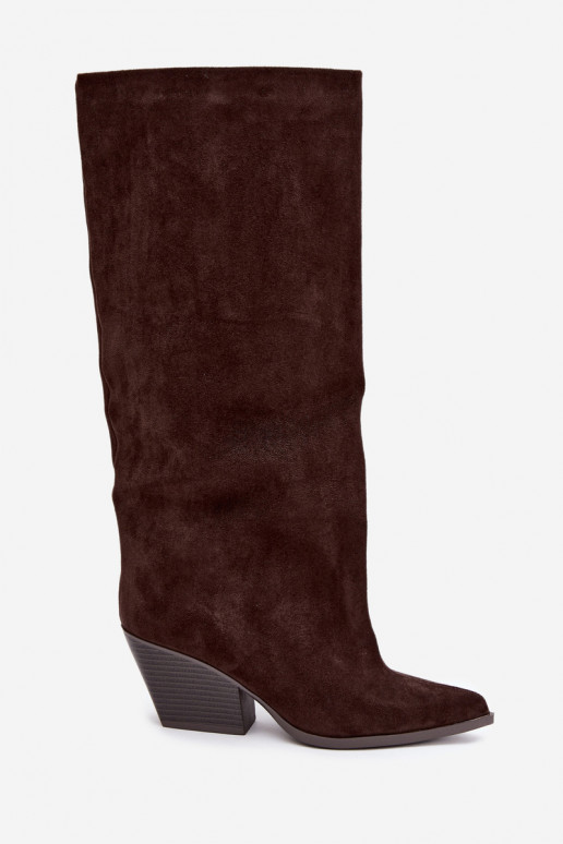 Chocolate slip-on knee-high boots with heels and pointed toes Blenia