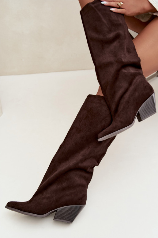 Chocolate slip-on knee-high boots with heels and pointed toes Blenia