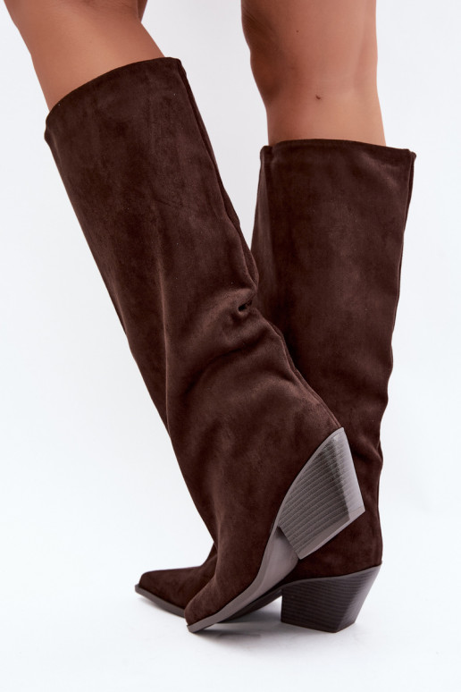 Chocolate slip-on knee-high boots with heels and pointed toes Blenia