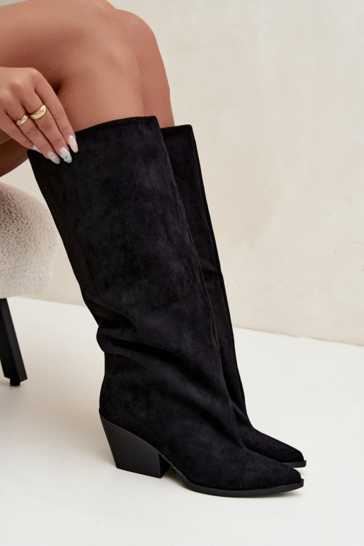 Black slip-on knee-high boots with heels and pointed toes Blenia