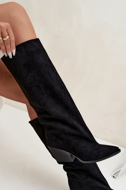 Black slip-on knee-high boots with heels and pointed toes Blenia
