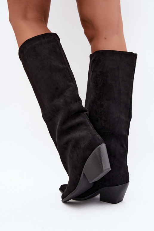 Black slip-on knee-high boots with heels and pointed toes Blenia