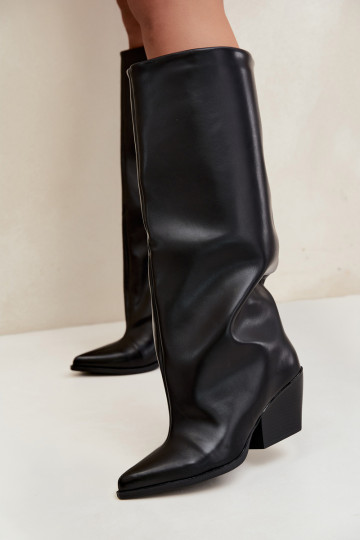 Black slip-on knee-high boots with heels and pointed toes made of faux leather Blenia 2