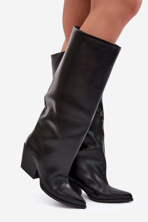 Black slip-on knee-high boots with heels and pointed toes made of faux leather Blenia