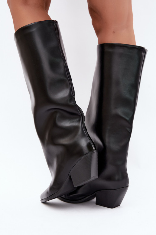 Black slip-on knee-high boots with heels and pointed toes made of faux leather Blenia