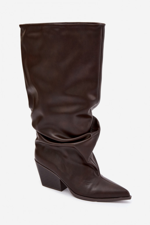 Chocolate slip-on knee-high boots with heels and pointed toes made of faux leather Blenia
