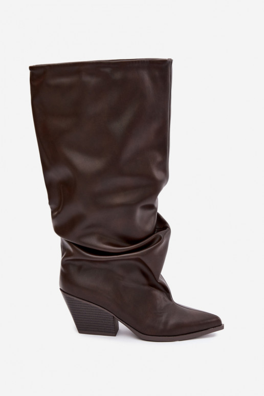 Chocolate slip-on knee-high boots with heels and pointed toes made of faux leather Blenia