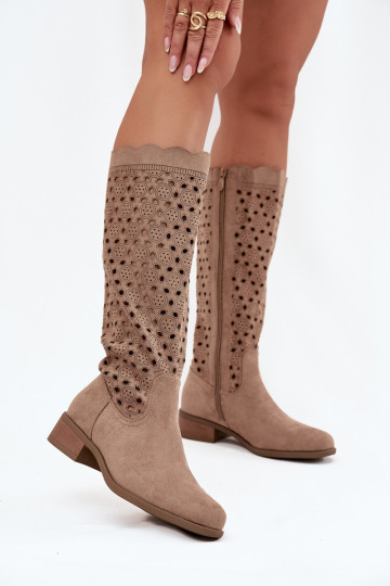 sand color women's ankle boots with low heel and cut-out details 2