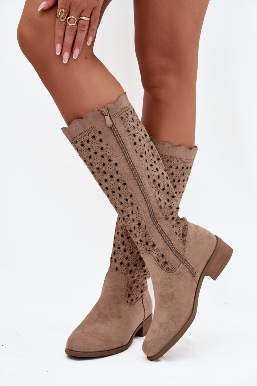 sand color women's ankle boots with low heel and cut-out details