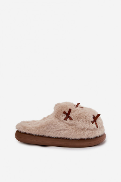 sand color women's slippers with fur and bows Saviera
