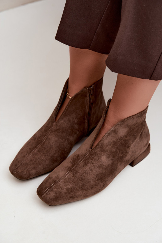 Khaki niskie botki Cut Out z szerokimi obcasami Canella