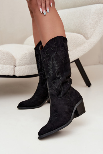 Black faux suede cowboy-style knee-high boots with heels Jarissa