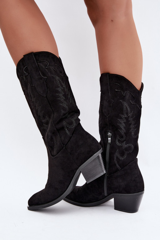 Black faux suede cowboy-style knee-high boots with heels Jarissa