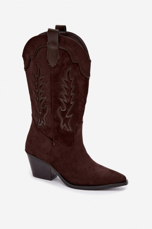 Chocolate faux suede cowboy-style knee-high boots with heels Jarissa
