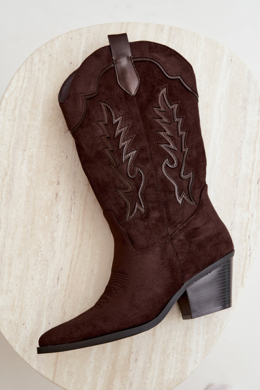 Chocolate faux suede cowboy-style knee-high boots with heels Jarissa