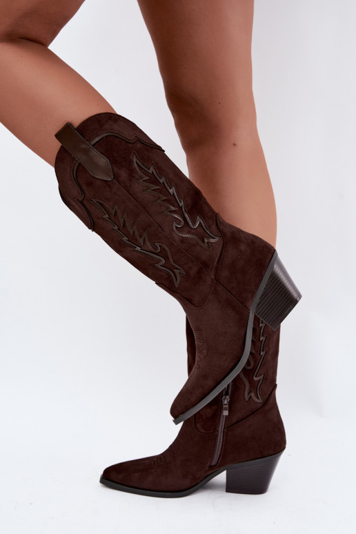 Chocolate faux suede cowboy-style knee-high boots with heels Jarissa