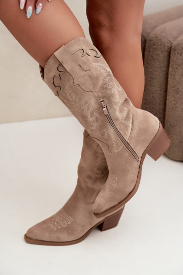 Sand faux suede cowboy-style knee-high boots with heels Jarissa