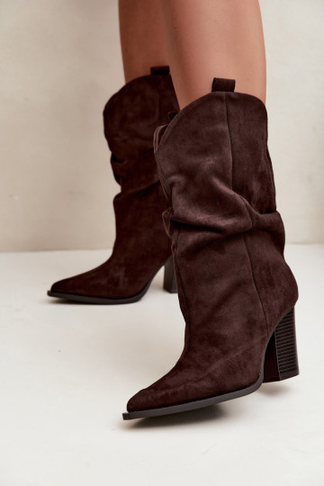Chocolate suede ankle boots with ruffles on the column Inela