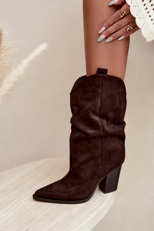 Chocolate suede ankle boots with ruffles on the column Inela