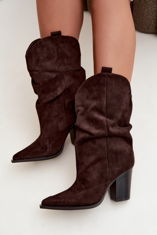 Chocolate suede ankle boots with ruffles on the column Inela