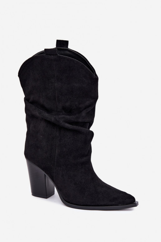 Black suede ankle boots with ruffles on the column Inela