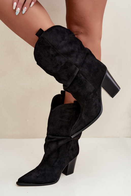 Black suede ankle boots with ruffles on the column Inela