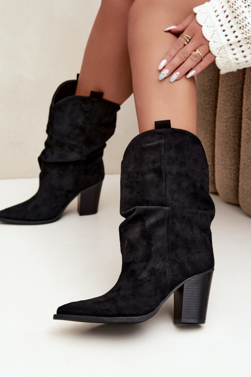 Black suede ankle boots with ruffles on the column Inela