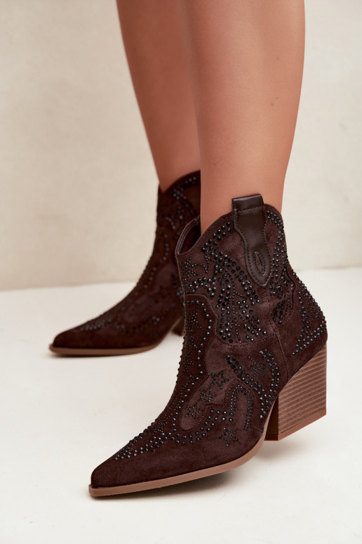 Cowboy Style Ankle Boots in Black with Embellishments Chocolate Color Selden