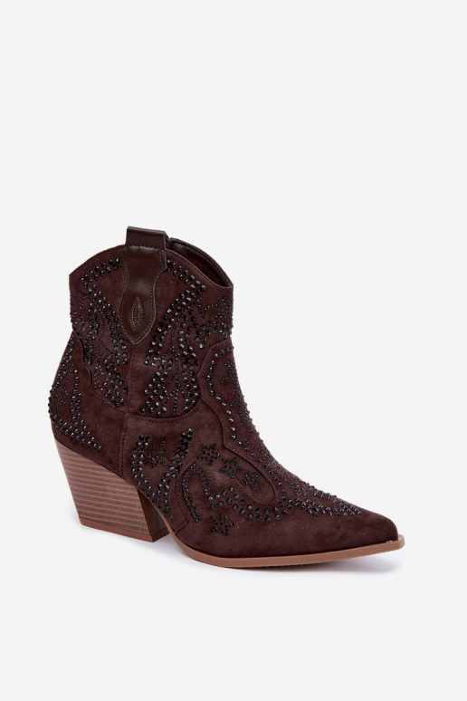 Cowboy Style Ankle Boots in Black with Embellishments Chocolate Color Selden
