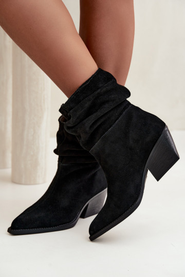 Black Natural Suede Ruched Block Heel Ankle Boots Merrin