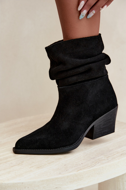 Ankle Boots Made of Natural Suede with Wrinkles and Heels in Black Color Merrin