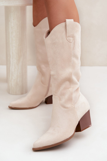 Women's Light Beige Leather Cowboy Boots With Heel Hartley 2