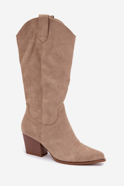 Long Cowboy Style Boots with Heels in Khaki Color Hartley