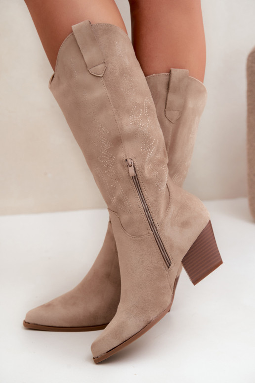Long Cowboy Style Boots with Heels in Khaki Color Hartley