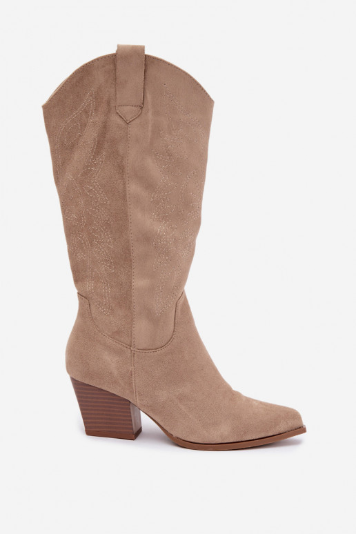 Long Cowboy Style Boots with Heels in Khaki Color Hartley