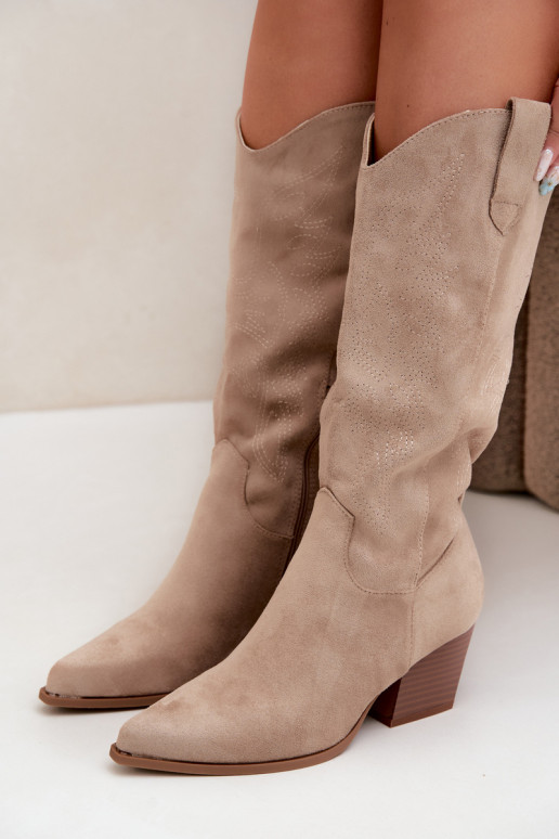 Long Cowboy Style Boots with Heels in Khaki Color Hartley