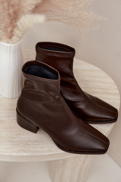 Women's Heeled Ankle Boots Type Klocek Made of Faux Leather in Chocolate Color Rosley