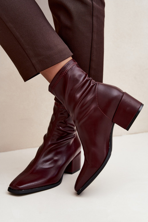 Women's Heeled Ankle Boots Type Klocek Made of Faux Leather in Burgundy Color Rosley