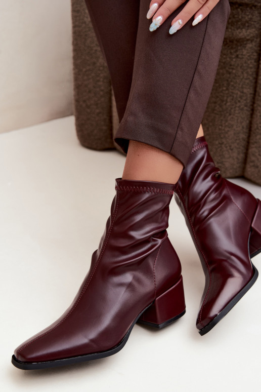 Women's Heeled Ankle Boots Type Klocek Made of Faux Leather in Burgundy Color Rosley