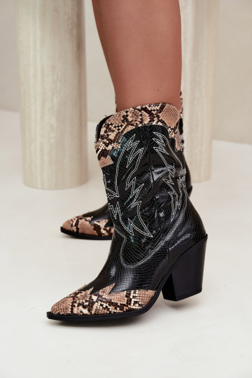 Insulated Cowboy Boots With Embossed Design Column Heel Black-Brown Amber 2