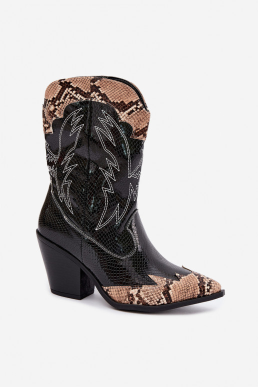 faux fur cowboy-style ankle boots with embossed detail in black and brown Ambery