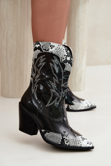 Insulated Cowboy Boots With Embossing Block Heel Black and White Ambery 2