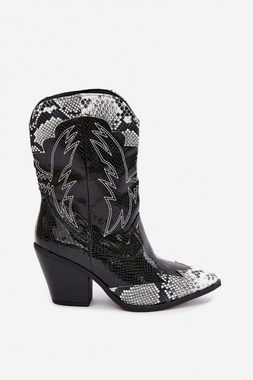 faux fur cowboy-style ankle boots with embossed detail in black and white Ambery