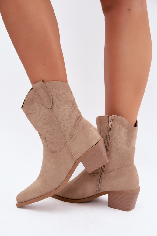 faux fur cowboy-style ankle boots with heels in sand color Corlie