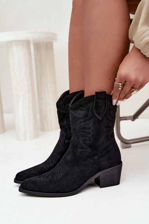 faux fur cowboy-style ankle boots with heels in black color Corlie