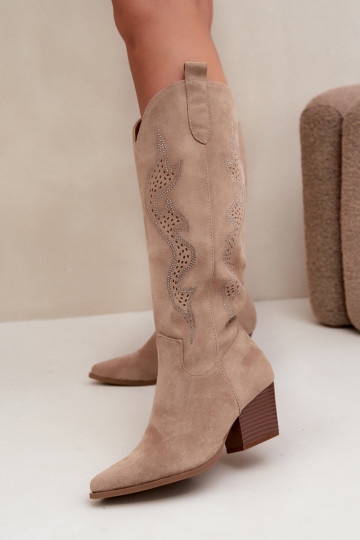 Women's Cowboy Boots with Embellishment Heel Block Beige Greyla