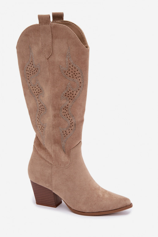 long cowboy-style boots with decoration on the shaft in sand color Greyla