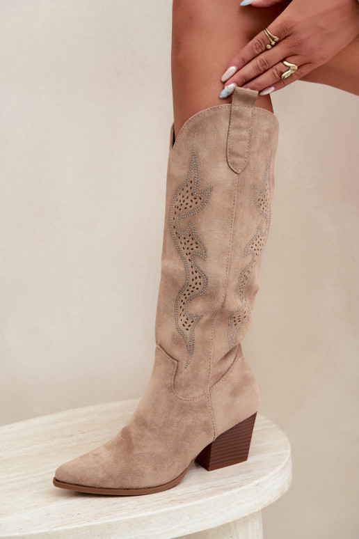long cowboy-style boots with decoration on the shaft in sand color Greyla